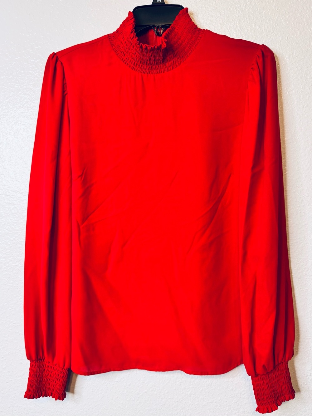 Alex Marie Red Smocked Long Sleeve Puff Sleeve Blouse Top sz M